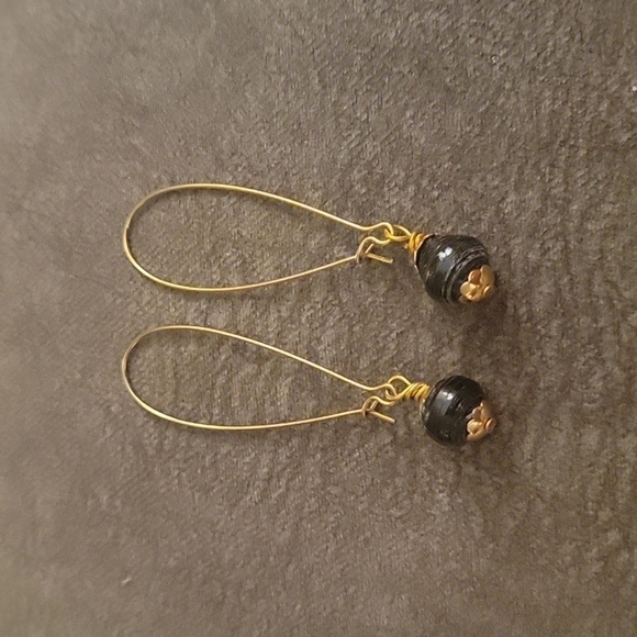 3/$30 Long Goldtone Black Paper Bead Hoop Earrings - Picture 2 of 3